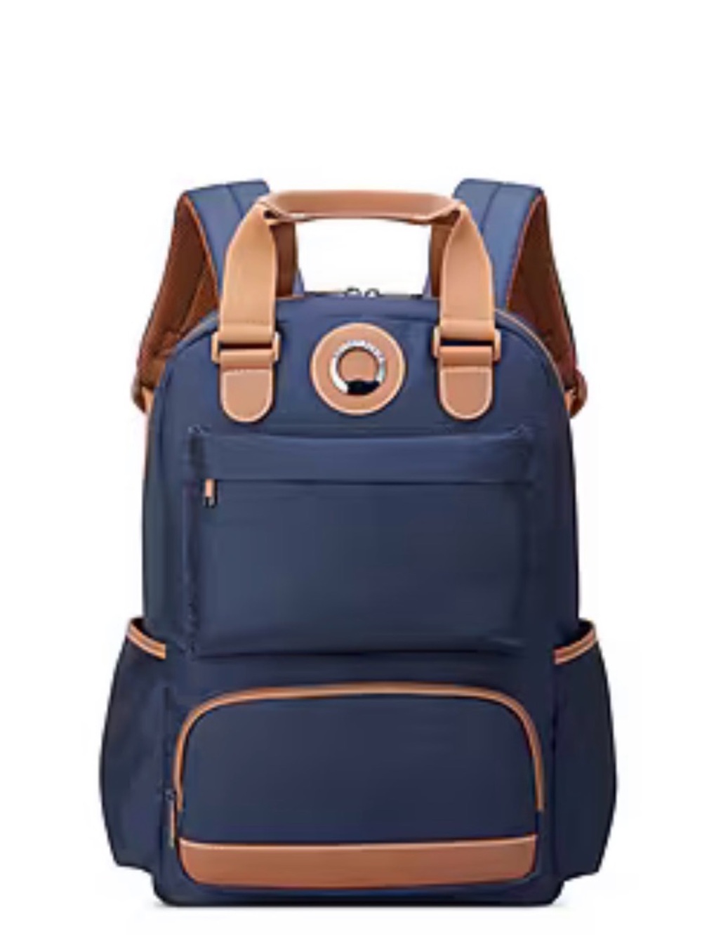 Structured Navy Polyester Backpack with Tan Accents - Picture 1 of 8